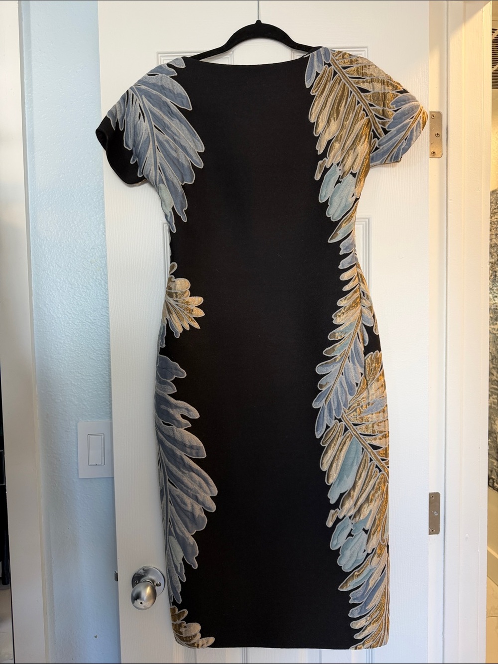 Gucci Black Midi Dress with Blue and Gold Leaf Detailing